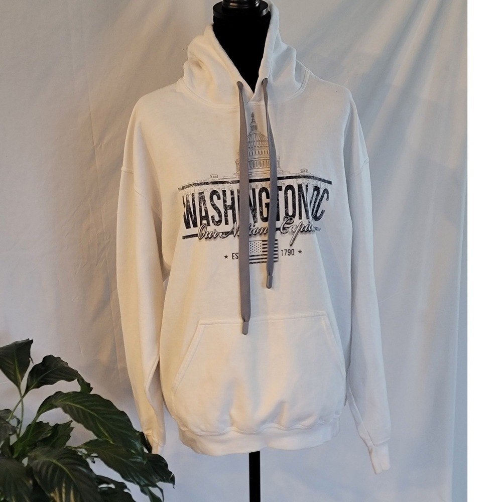 Gildan Heavy Blend Washington DC Hoodie White Graphic‎ Sweatshirt Large